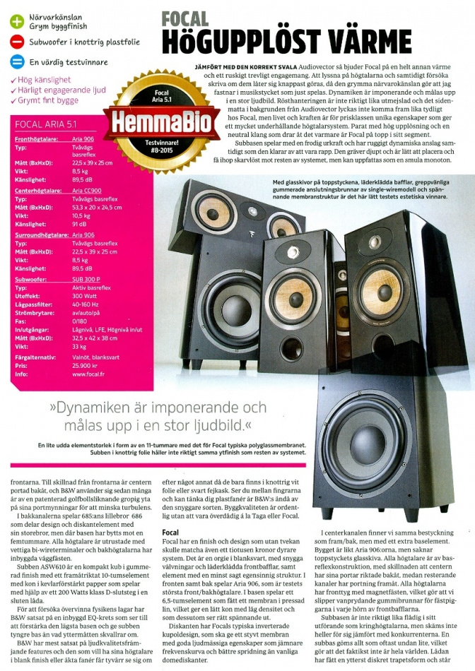 Artikeln handlar om FOCAL ARIA 906 stativhögtalare med positiva recensioner.