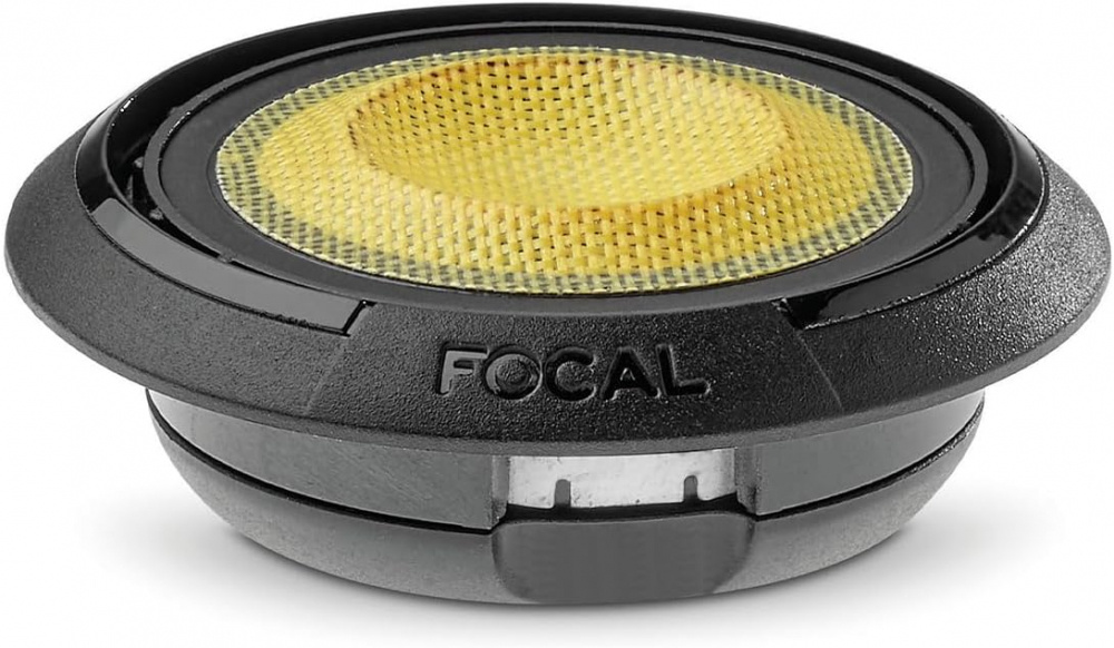 Högtalarelement med gultonad diskant och svart hölje, designat för hög ljudkvalitet.