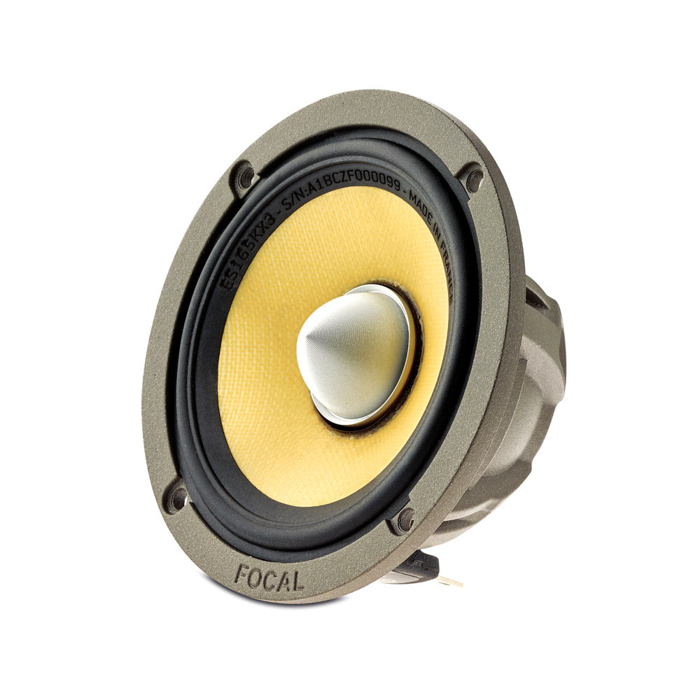 Högtalare med guld membran och grå ram, 3-vägs 6.5 tum, hög ljudkvalitet.
