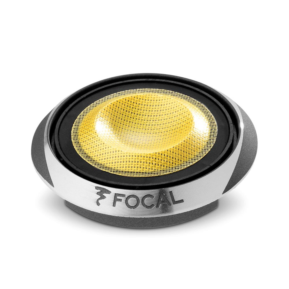 Högtalarelement med gul diskant och silverram från Focal. 3-vägs system.