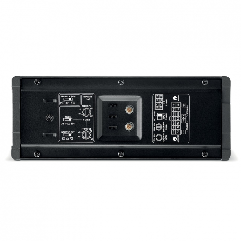 Bakpanelen av en bilförstärkare med anslutningar och kontroller.