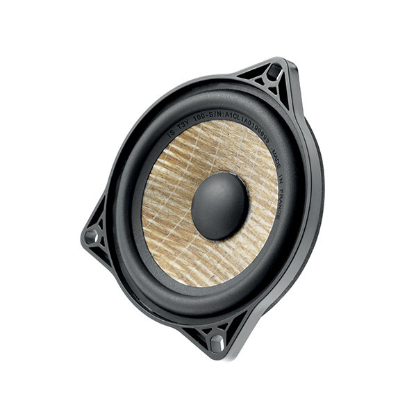 Högtalare med en rund, träfärgad kon och svart ram, designad för Tesla Model 3 & Y.