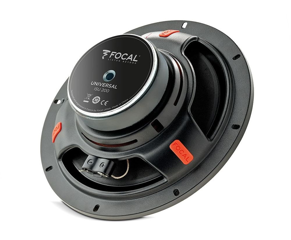 En svart högtalare med röd detalj, modell Focal ISU 200.