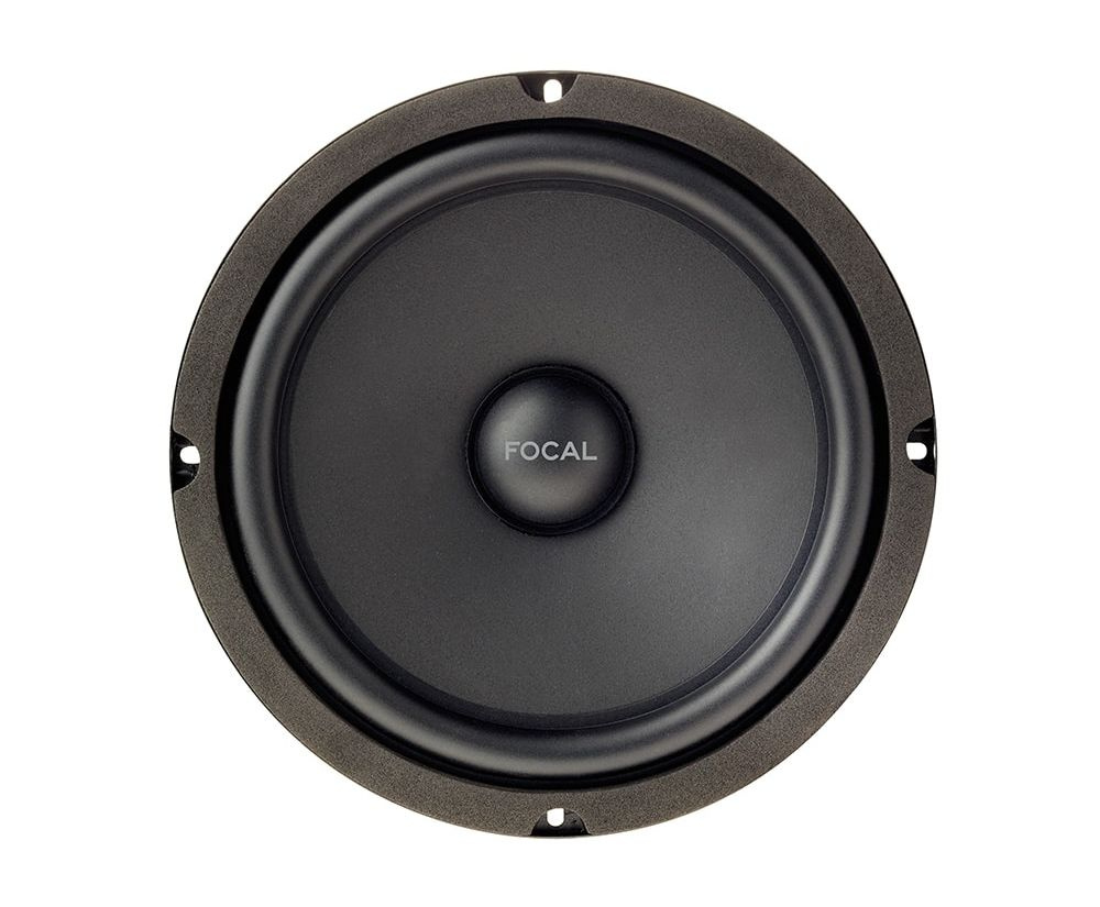 En rund högtalare med svart membran och FOCAL-logotyp i mitten.