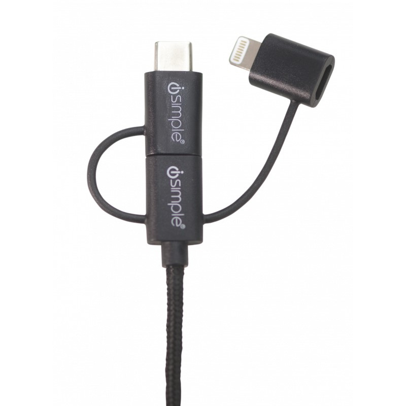USB-laddningskabel med tre anslutningar: USB-C, Micro och Lightning.