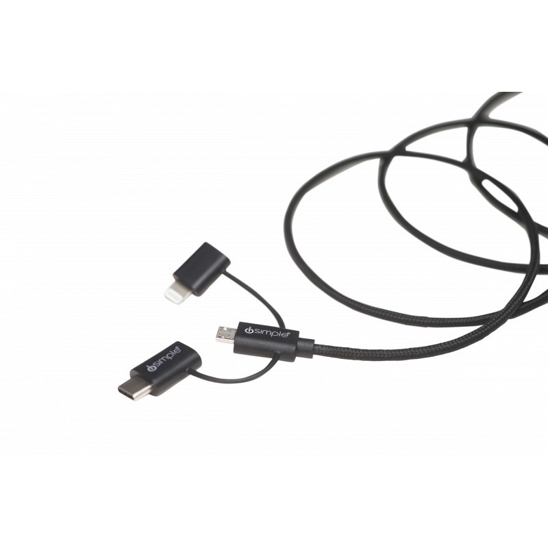 En svart 3i1 USB-laddarkabel med USB-C, Micro-USB och Lightning-kontakter.