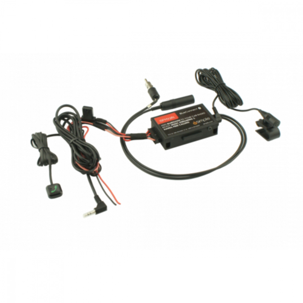 Bluetooth-sändare med kablar för anslutning och fjärrkontroll.