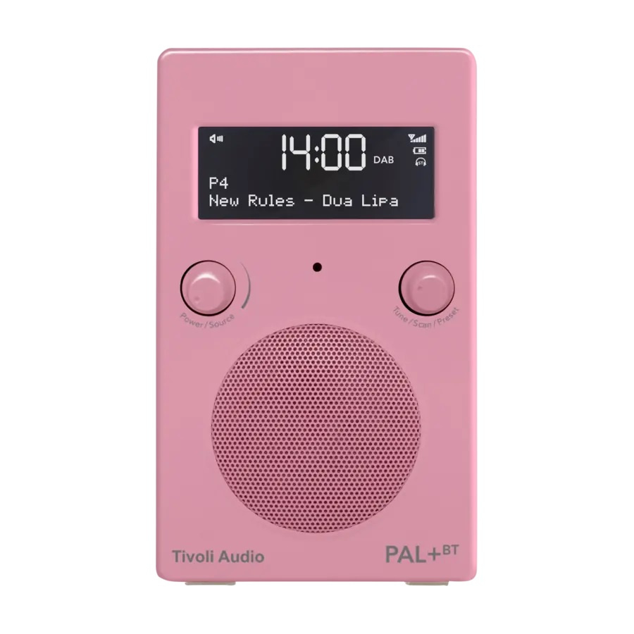 DAB/FM-radio i rosa med Bluetooth, skärm och två knappar.