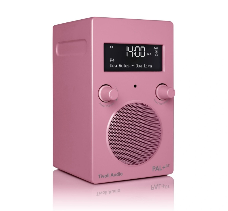 DAB/FM-radio med Bluetooth i rosa, stilren design och två kontroller.