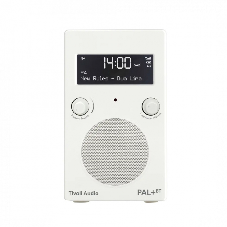 DAB/FM-radio med Bluetooth, vit design och digitalt display.
