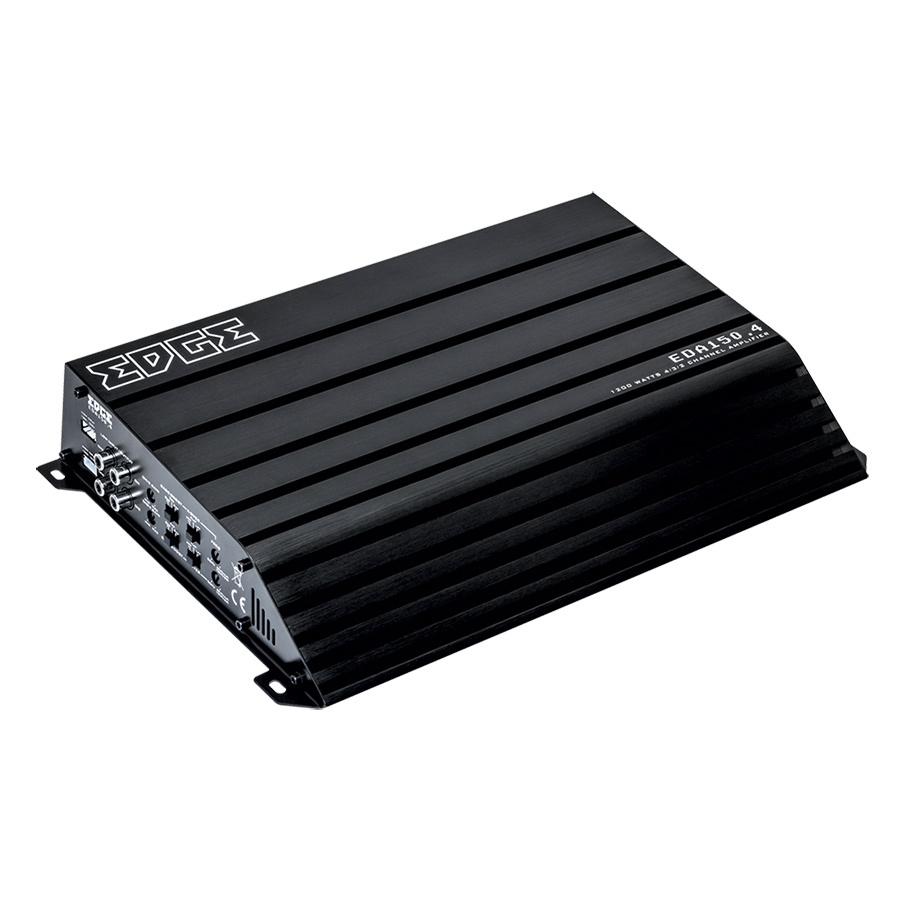 En svart bilförstärkare med flera anslutningar och en slät yta.