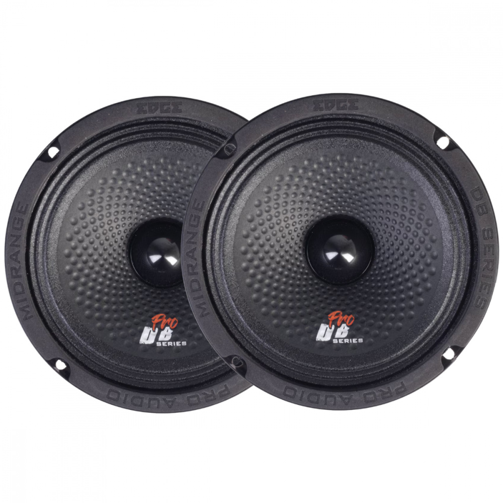 Två 6,5-tums midbasar med svart galler och logotyp.