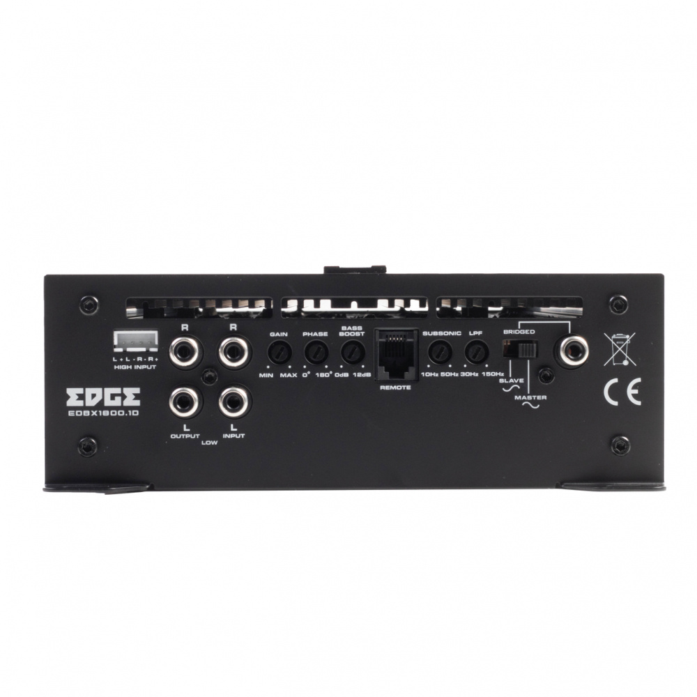 Baksidan av en monoblock förstärkare med olika anslutningar och kontroller.