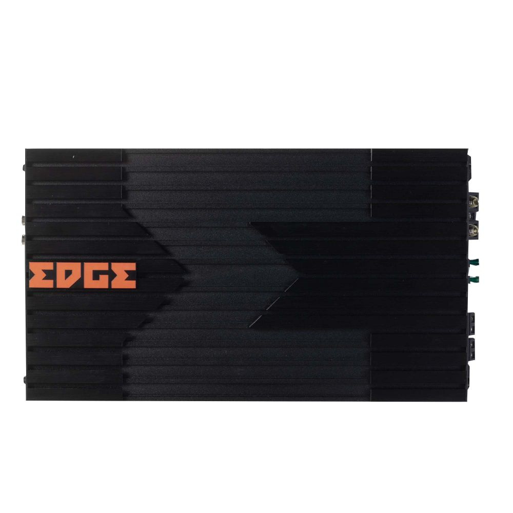 Svart tvåkanaligt slutsteg med märkning och kylfläns.