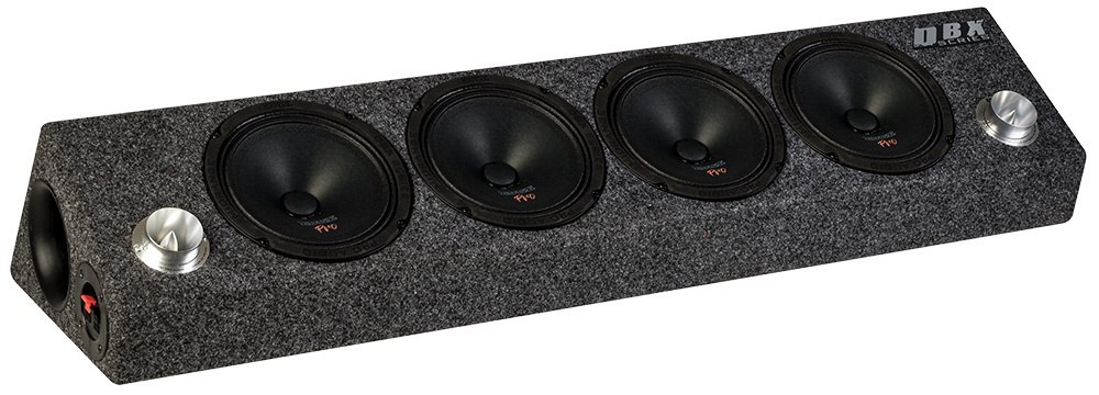 En ljudlåda med fyra högtalare och en grå filtklädsel.