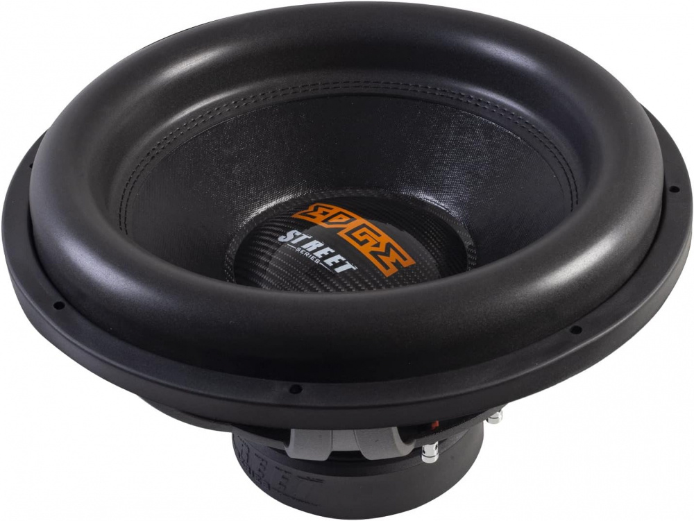 En svart 15-tums subwoofer med grå detaljer och \