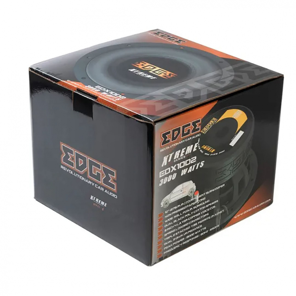 10-tums baselement med orange och svart design, hög effekt.