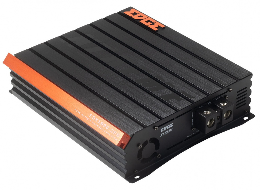En strömstark tvåkanals bilstärkare med en svart och orange design.