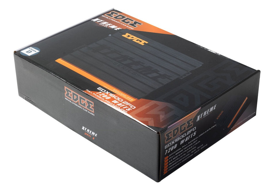 Förpackning av EDGE EDX1800.2FD-E0, tvåkanals förstärkare med stark effekt.