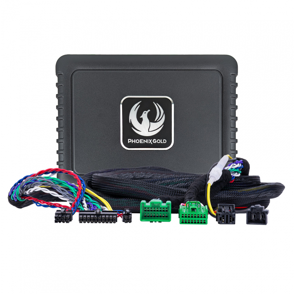 Produkt för ljuduppgradering med kablar och en enhet.