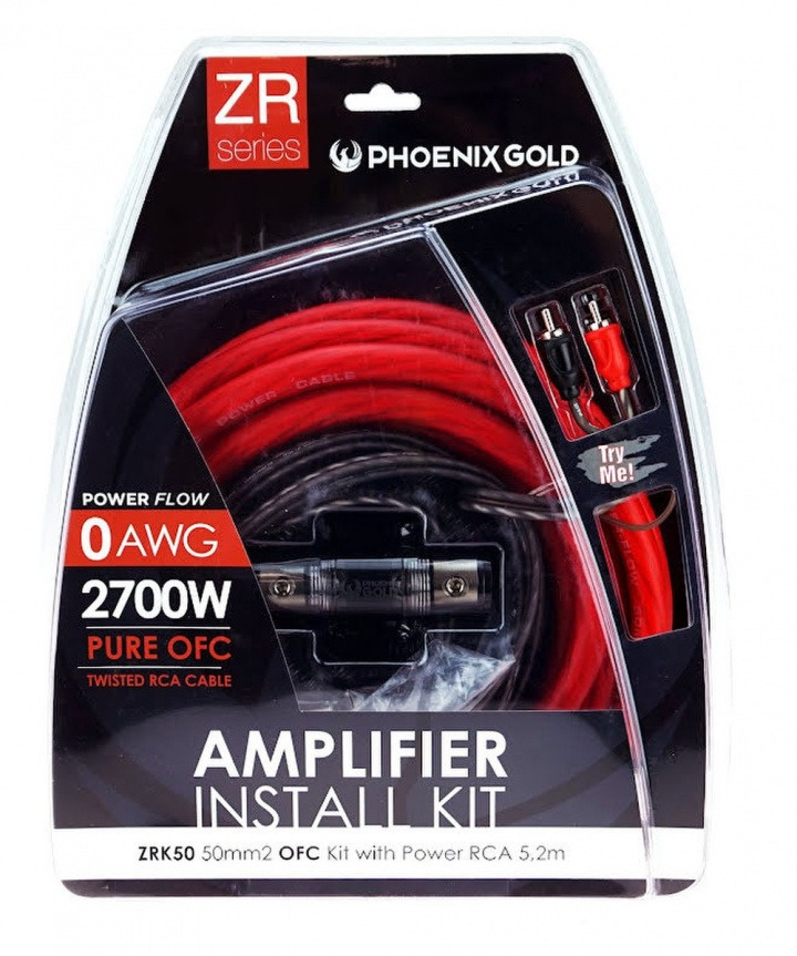 Kabelkit för installation av förstärkare, 50mm² kopparkabel och RCA-kabel.