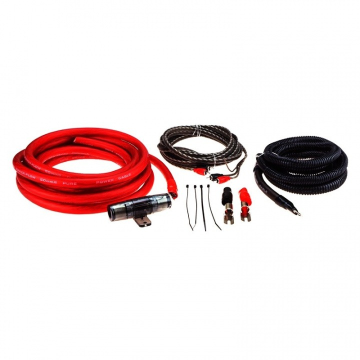 Kabelkit bestående av röd och svart 50mm2 kopparkabel med tillbehör.