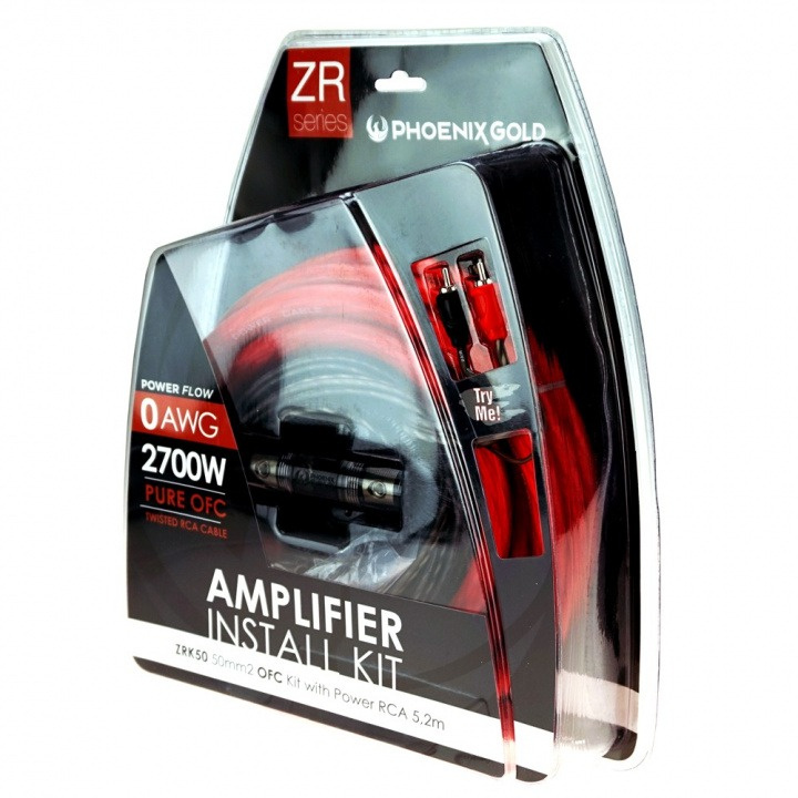 Kabelkit för förstärkare med 50mm2 kopparkabel och RCA-kabel.