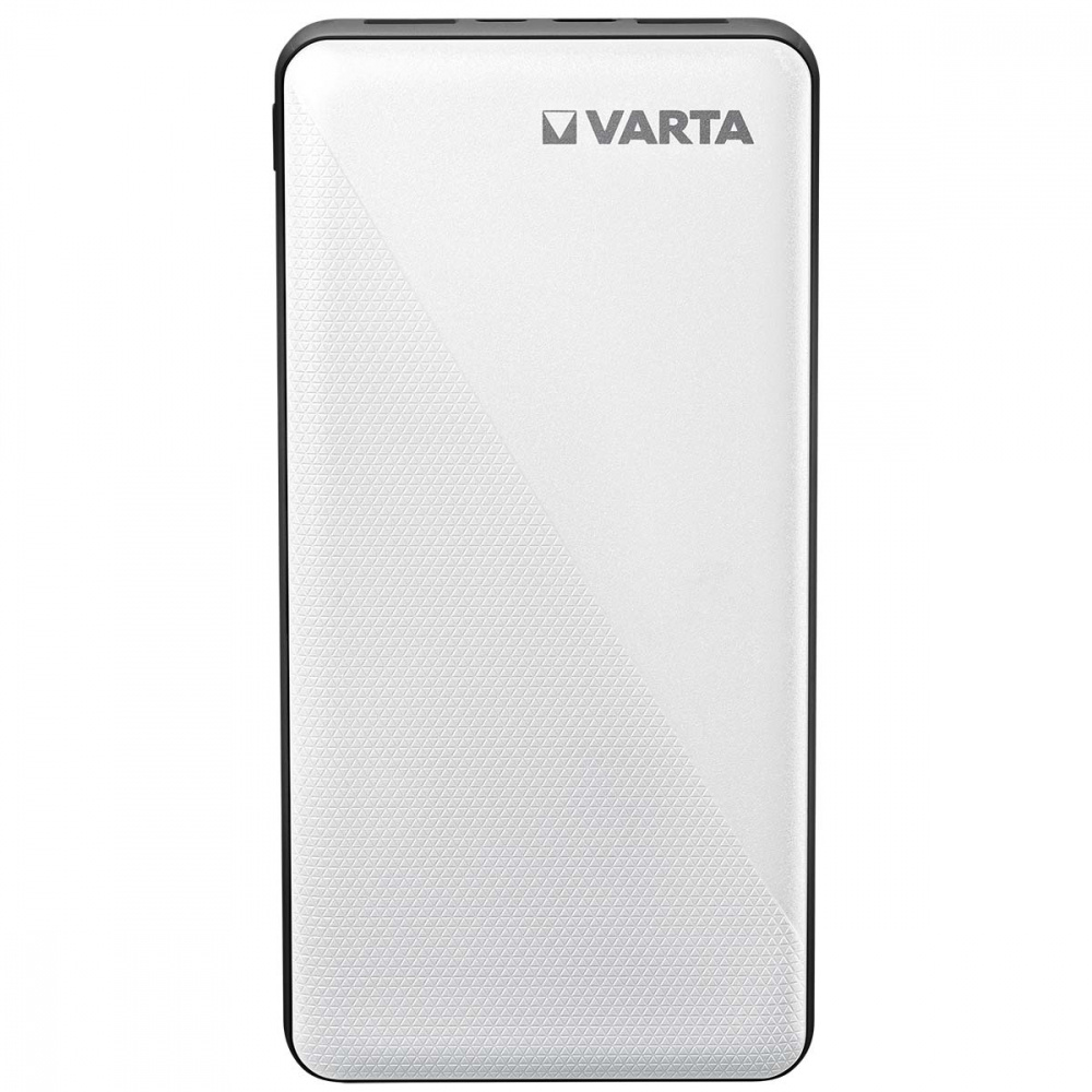 Varta Powerbank 20.000 mAh i vit design med USB-A- och USB-C-utgångar.