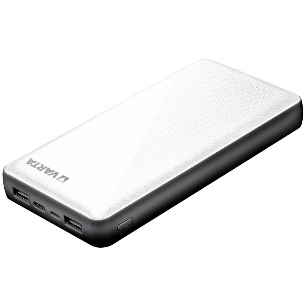 En vit Varta powerbank med 20.000 mAh och USB-A- & USB-C-utgångar.