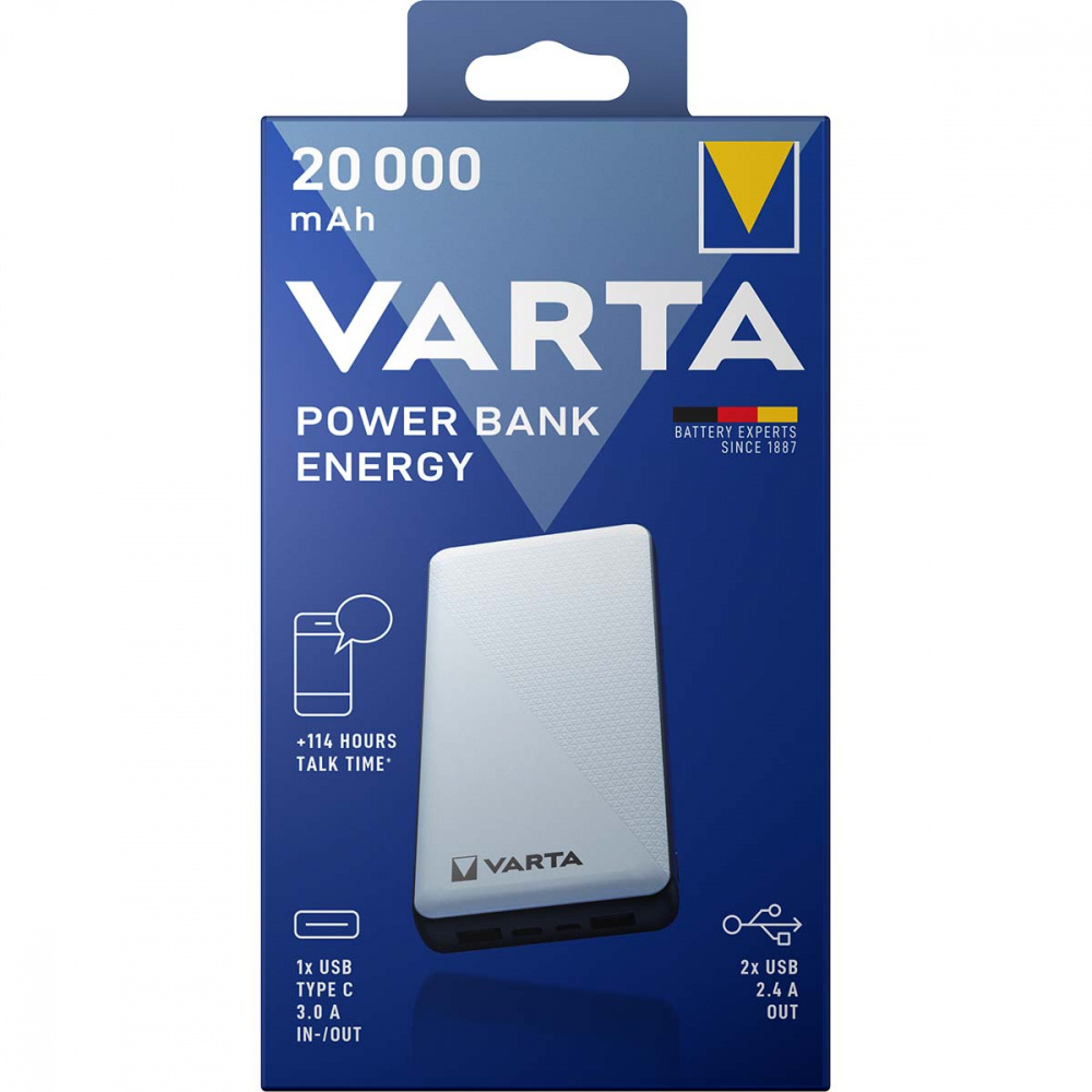 Varta Powerbank 20.000 mAh med USB-A och USB-C utgångar.