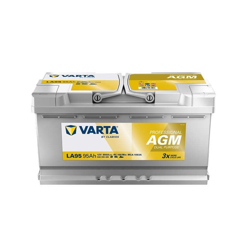 Ett Varta AGM-batteri med 850A och 95Ah för start och användning.