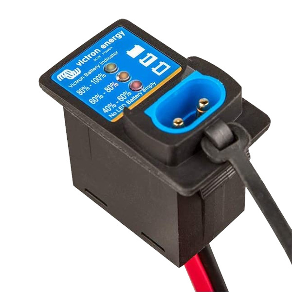 Batteriindikatorpanel med anslutning och M8-säkring för Victron-produkter.