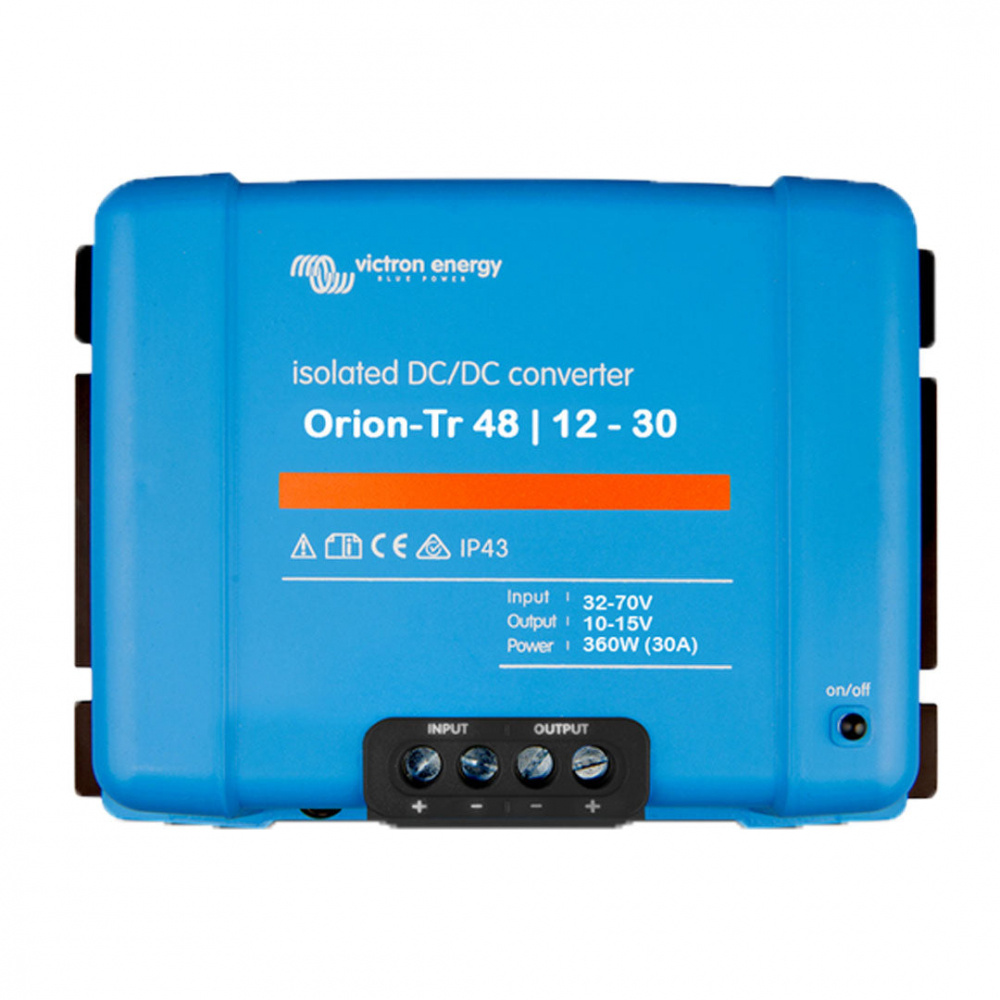 Blå DC-DC-omvandlare med specifikationer för 48V och 12V, 30A, isolerad.