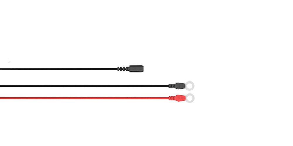 Svart och röd kabel med öglor, används för anslutning av batteriladdare.