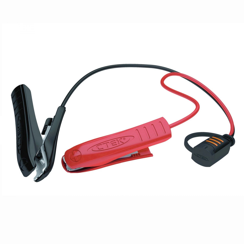 Batteriladdare med klämmor och anslutningskabel i röd och svart färg.