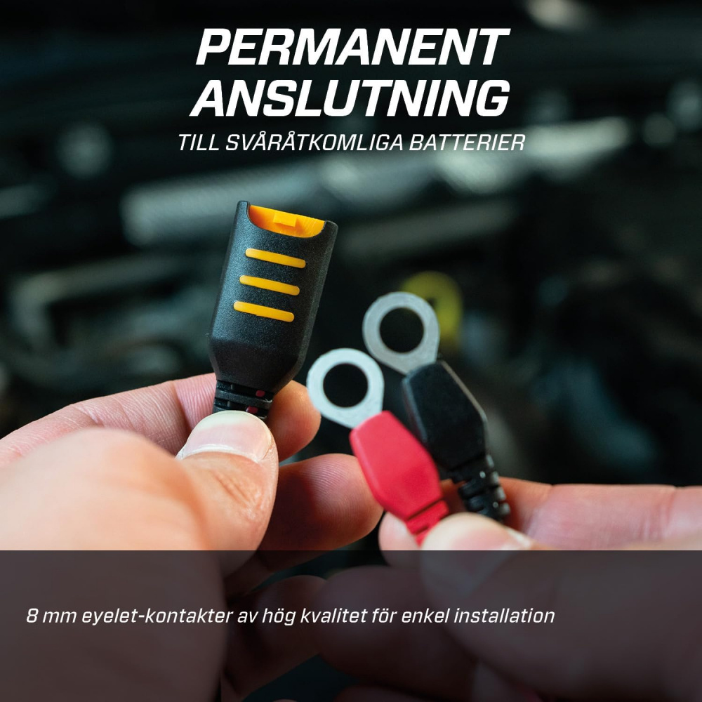 Kabel med ögla för permanent anslutning till batterier, enkel installation.