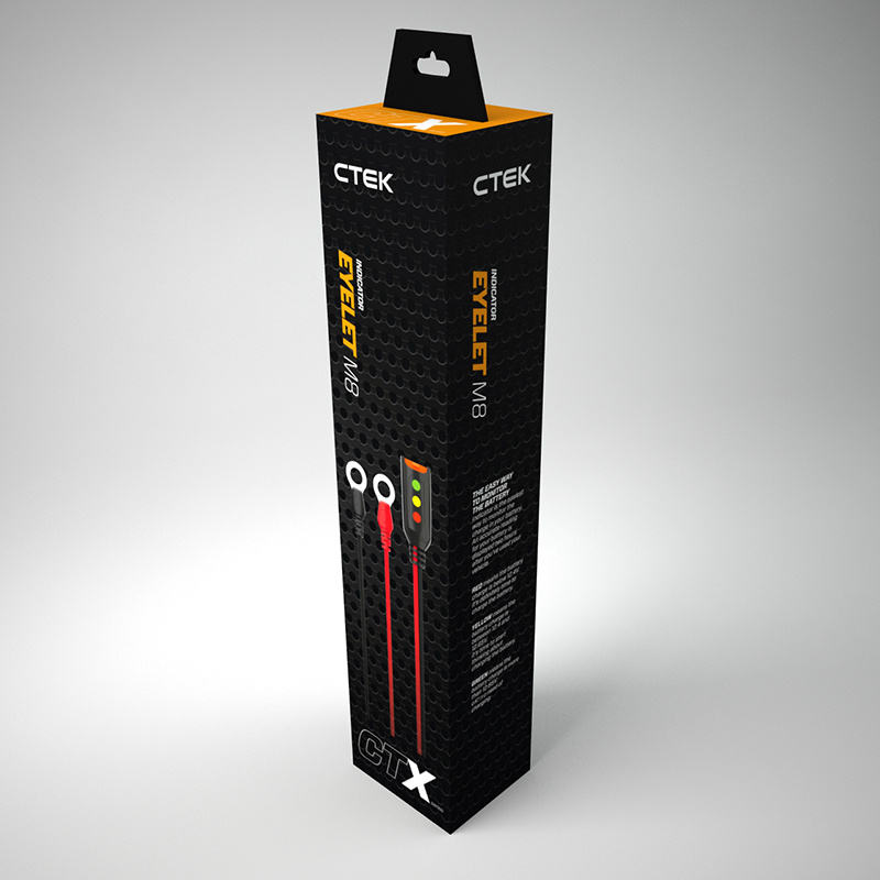 En lång kartong med CTEK-logotyp och produktinformation för Comfort Indicator Eyelet.