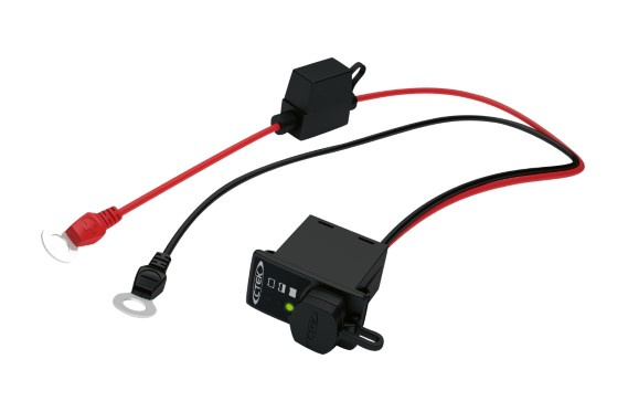 En kabelpanel med LED-indikatorer för batteristatus och anslutningar.