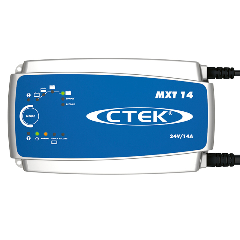 Batteriladdare med indikatorlampor och kopplingar för 24V system.