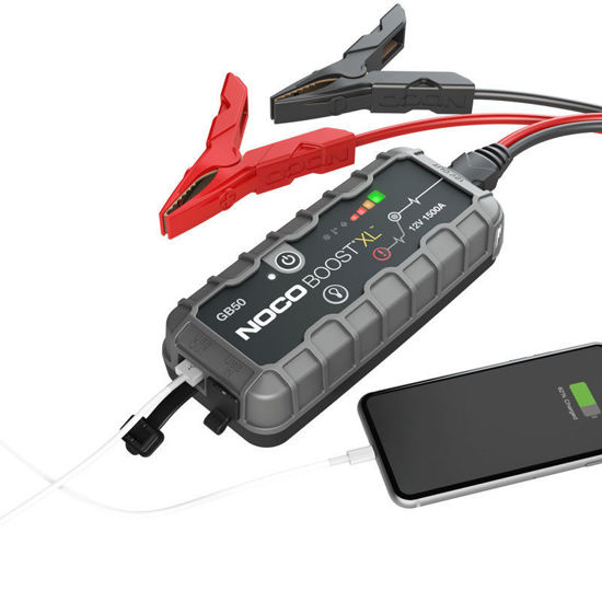 Startbooster med klämmor och USB-port, designad för att starta motorer.