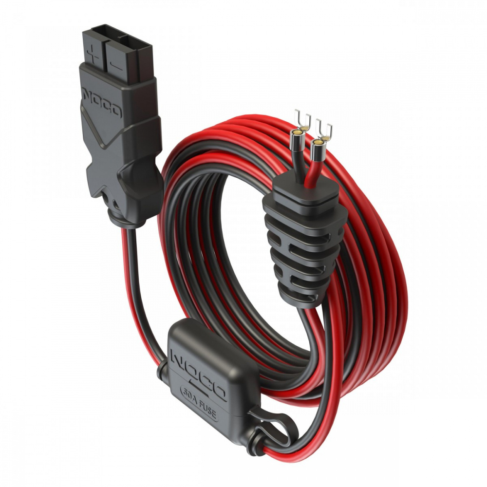 Kabel med Anderson SB50-kontakt och skyddande hölje, röd och svart.