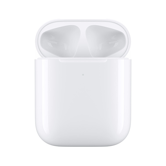 Trådlöst laddningsetui för AirPods, vitt och kompakt med öppna luckor.