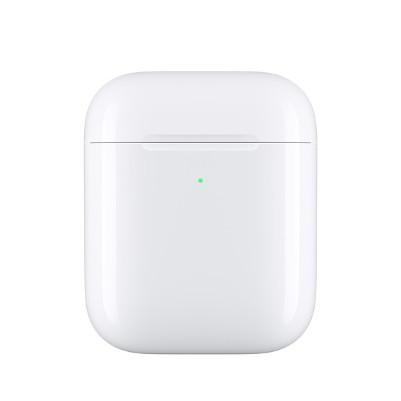 Trådlöst laddningsetui för AirPods, vitt med en liten grön indikator.