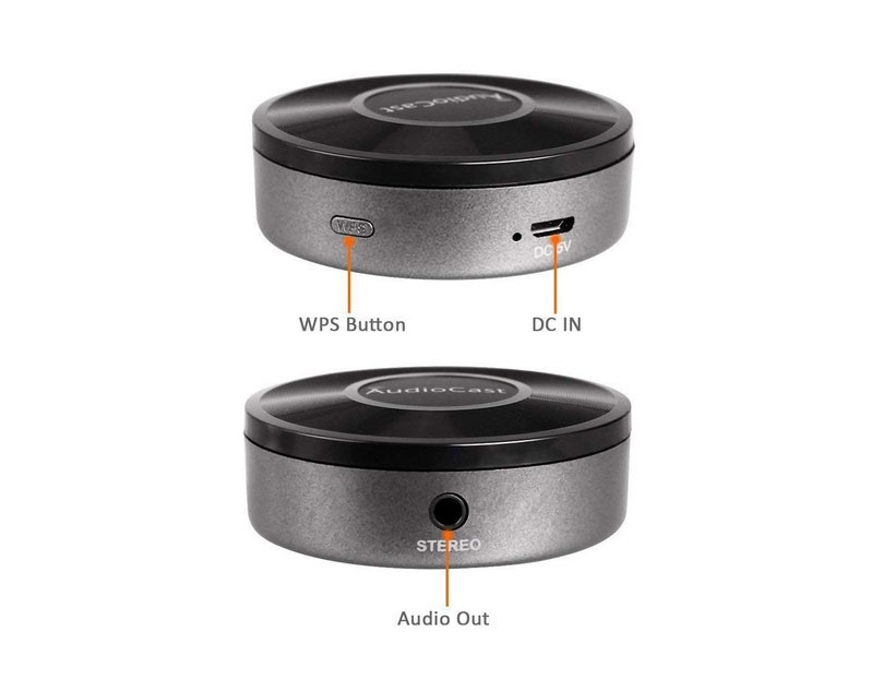 Streamingadapter med knappar och anslutningar för ljud.