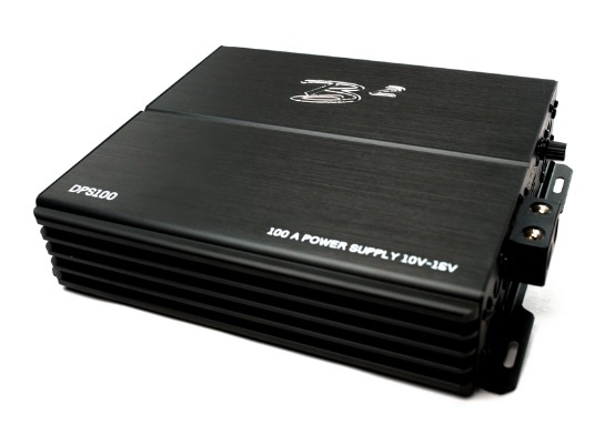Power supply enhet med B² Audio logotyp, 100A kapacitet, 10V-16V.