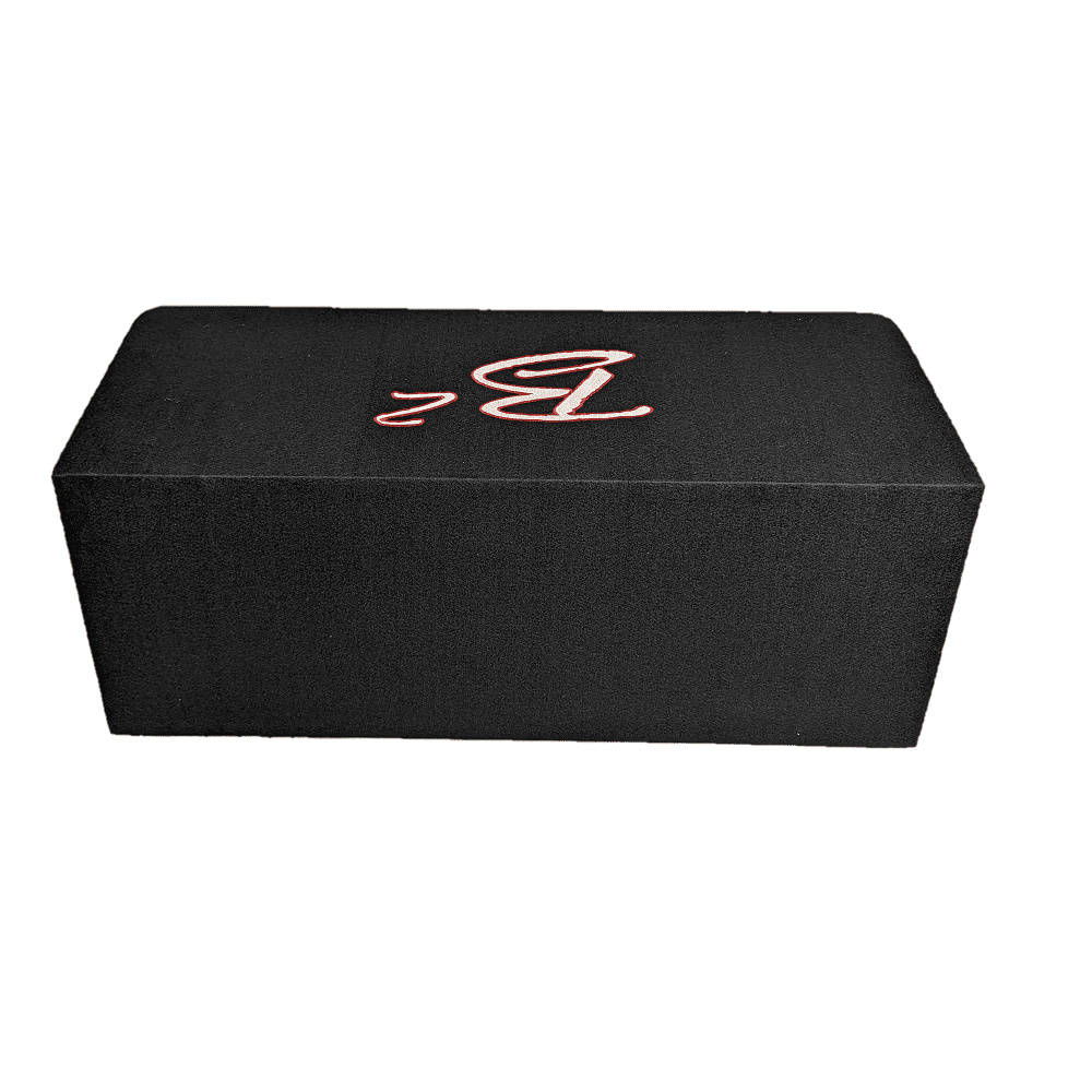 Svart baslåda med 2x8 tum element och logo.