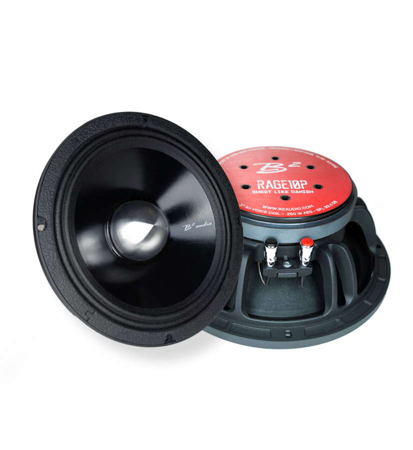 Midbaslement med röd och svart design, perfekt för ljudsystem.