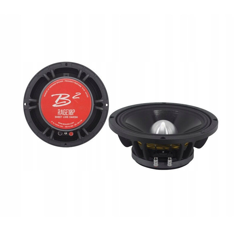Midbas driver B² Audio RAGE 10P, 10 tum, med röd och svart design.