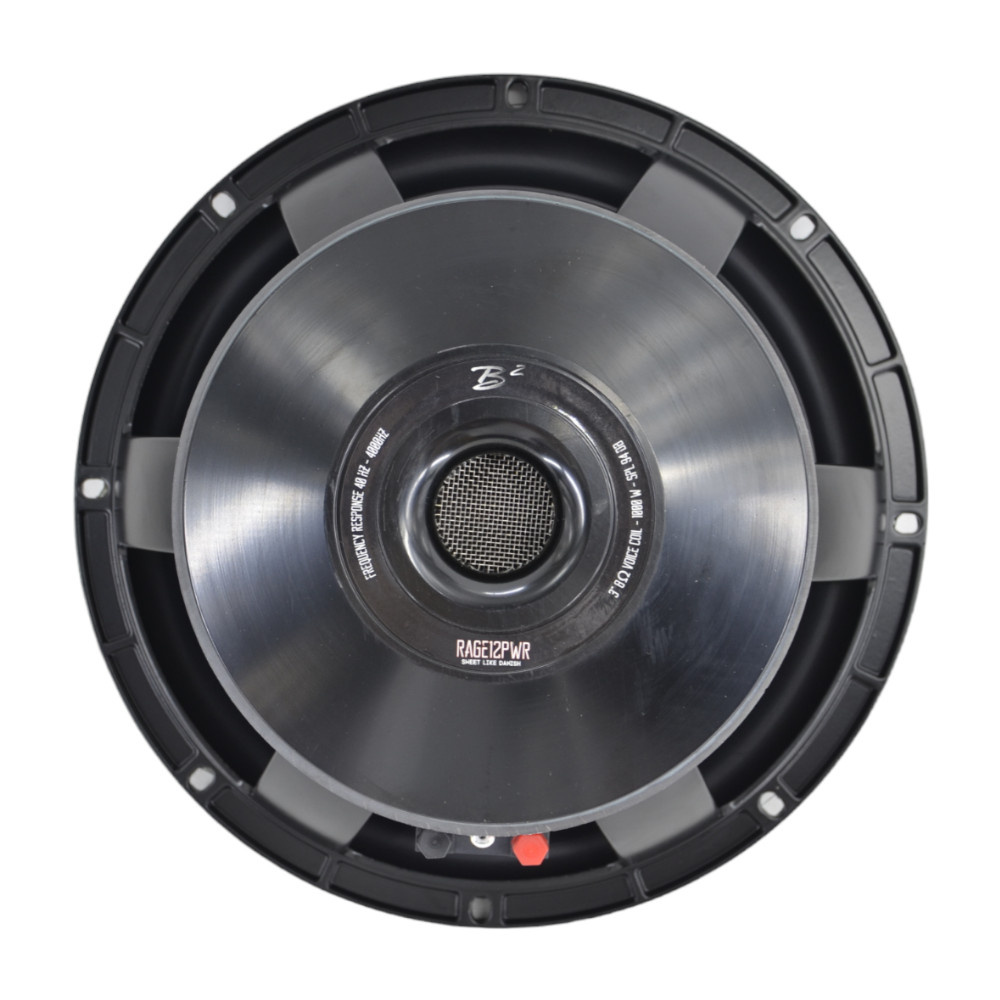 En 12 tum midbas högtalare med metallisk yta och svart ram.