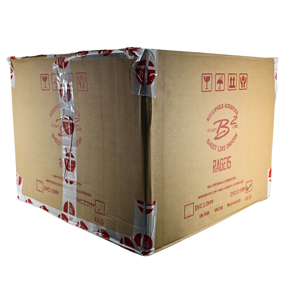 Kraftig kartong med tryck som visar B2 Audio RAGE 15D2 baslåda.